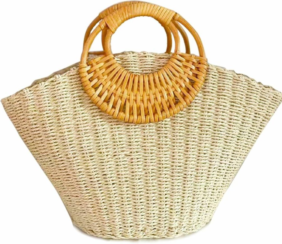 QZUnique Hand-Woven Straw Tote Bag for Women - Retro Rattan Beach Purse with Wooden Handle, Summer Travel Clutch Handbag