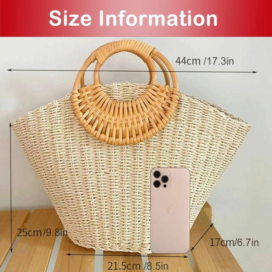 QZUnique Hand-Woven Straw Tote Bag for Women - Retro Rattan Beach Purse with Wooden Handle, Summer Travel Clutch Handbag