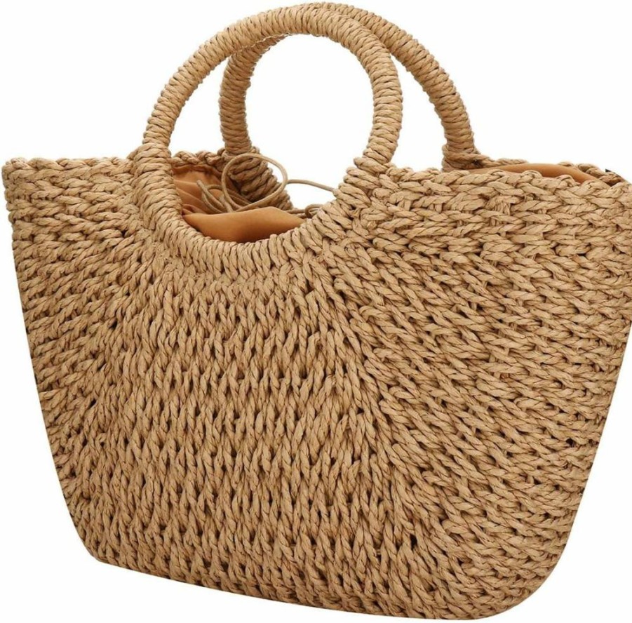 EROUGE Hand Woven Straw Beach Bag - Natural Chic Round Handle Handbag for Women, Retro Summer Tote