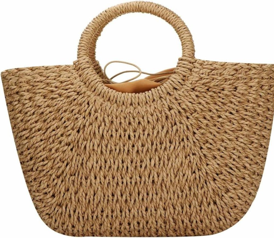 EROUGE Hand Woven Straw Beach Bag - Natural Chic Round Handle Handbag for Women, Retro Summer Tote