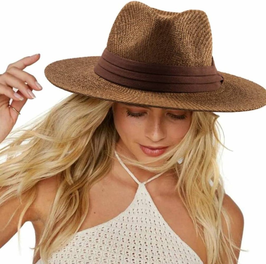 LADYBRO Wide Brim Straw Fedora Hat for Men & Women – Summer Beach Panama Sun Hat for Outdoor Activities