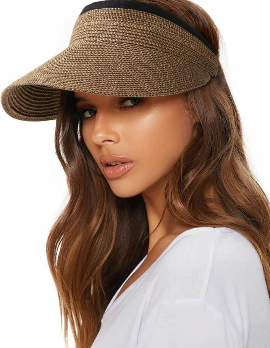 FURTALK Women's Straw Sun Visor Hat UPF 80+ Packable Ponytail Beach Hat for Summer Travel