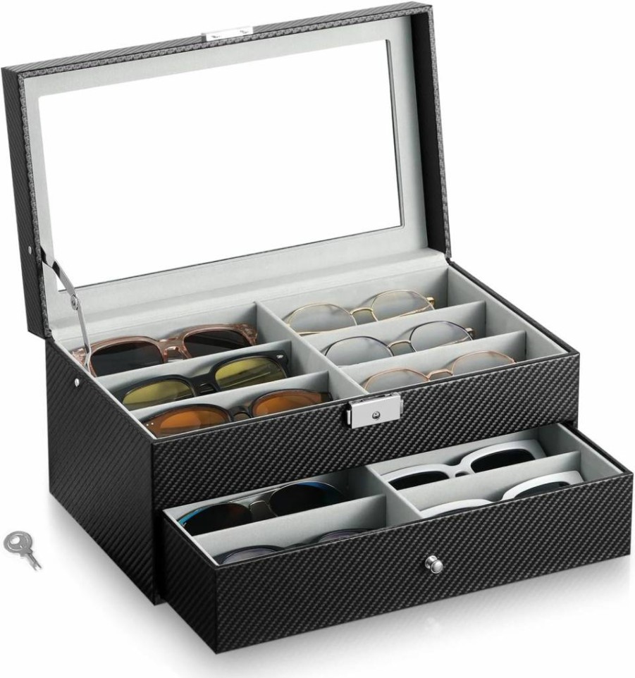 MoKo Leather Sunglasses Display Case with Clear Glass Lid and Storage Drawer – Stylish Eyewear Organizer Holder