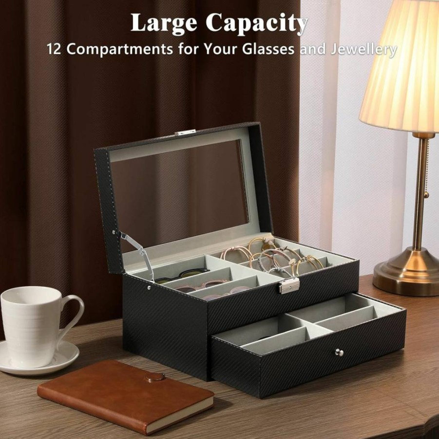 MoKo Leather Sunglasses Display Case with Clear Glass Lid and Storage Drawer – Stylish Eyewear Organizer Holder