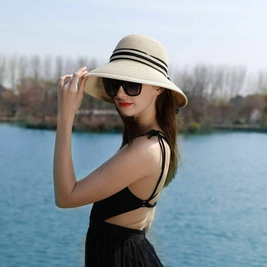 Comhats Women's Wide Brim Floppy Straw Sun Hat for Summer Beach with UPF 50+ Protection (55-64cm)