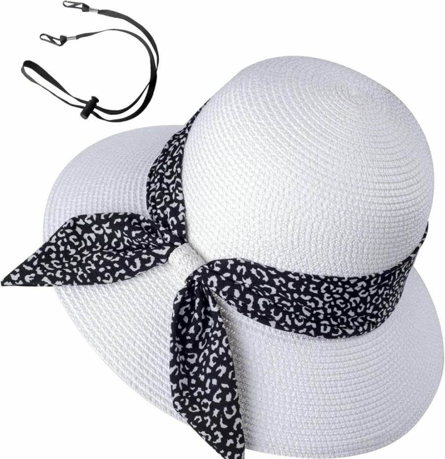 FENELY Women's Summer Straw Sun Hat Wide Brim UPF 50 UV Protection Beach Hat with Adjustable Chin Strap Foldable Floppy Hat Cute Bow Design