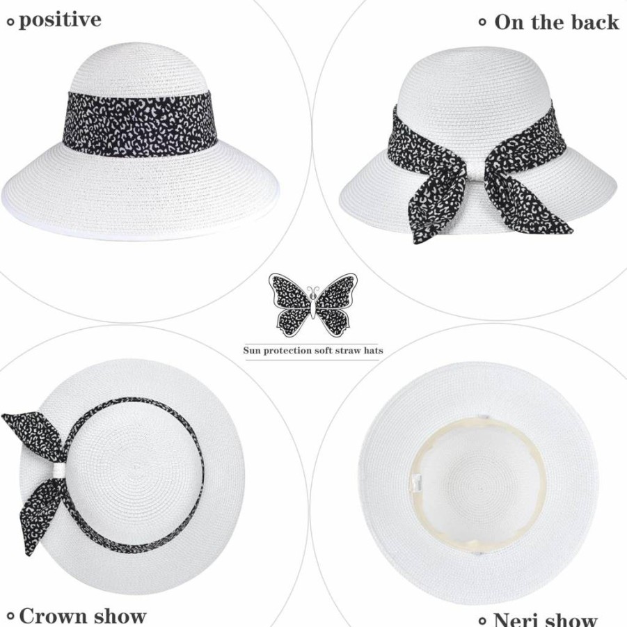 FENELY Women's Summer Straw Sun Hat Wide Brim UPF 50 UV Protection Beach Hat with Adjustable Chin Strap Foldable Floppy Hat Cute Bow Design