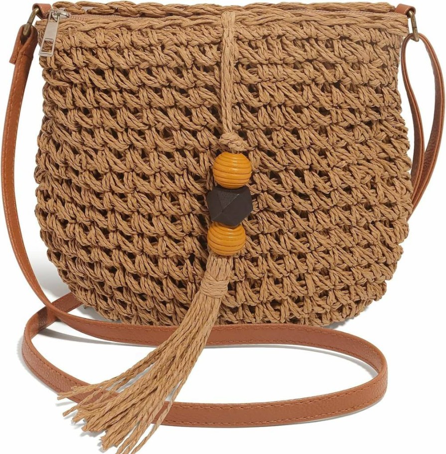 NEWROGENG Handwoven Straw Beach Bag for Women - Boho Crossbody Purse with Tassels, Summer Wicker Vacation Tote, Natural Fiber Shoulder Bag