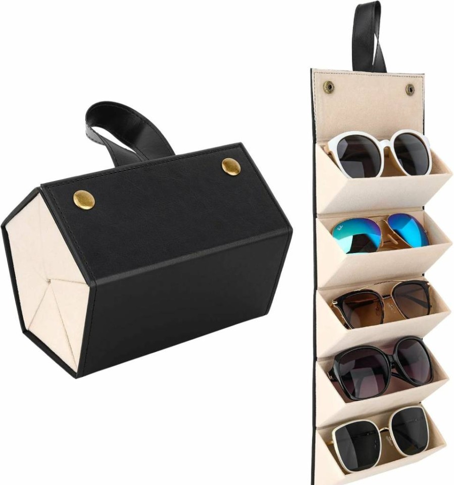 Mowsug Premium Leather Foldable Hanging Sunglasses Organizer Case - Multi Glasses Storage Box for Travel, Men & Women