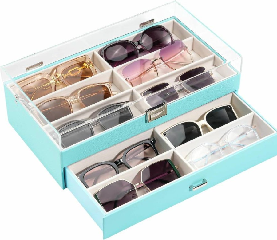 ProCase 12-Slot Acrylic Eyeglass Organizer with Transparent Lid, 2-Tier Sunglass Storage Display Case, Champagne Finish