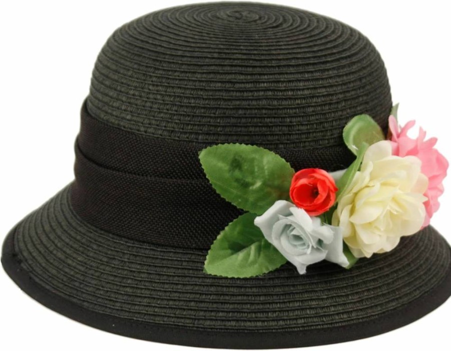 EPOCH Women's 1920s Gatsby Style Cloche Hat - Floral Embellished Linen Summer Hat with Decorative Lace Band
