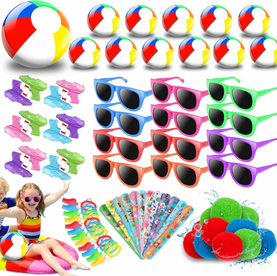 Extpro 72Pcs Summer Pool Party Favors for Kids - Inflatable Beach Balls, Sunglasses, Water Guns, Slap Bracelets, Whistles & Goodie Bags for Birthday Decorations