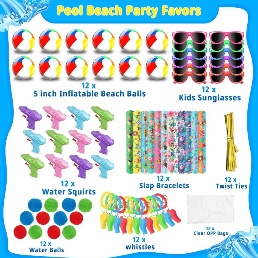 Extpro 72Pcs Summer Pool Party Favors for Kids - Inflatable Beach Balls, Sunglasses, Water Guns, Slap Bracelets, Whistles & Goodie Bags for Birthday Decorations