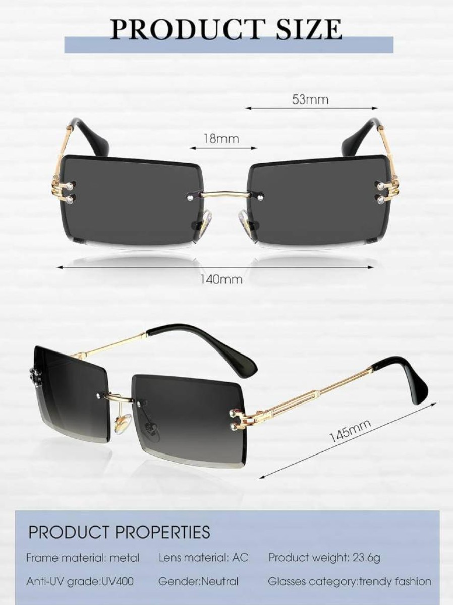 Frienda Vintage Rimless Rectangle Sunglasses for Women & Men – Lightweight Transparent Square Eyewear with UV Protection