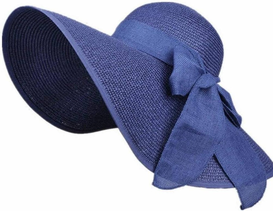 Erioctry Women's Wide Brim Floppy Straw Sun Hat for Beach, Summer Travel, and Garden - Foldable Blue Summer Hat