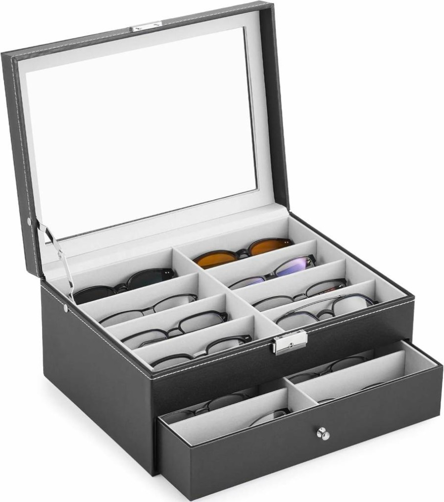 CO-Z Leather Eyeglasses Storage Box with Lockable Drawer - Sunglasses Organizer for Men & Women