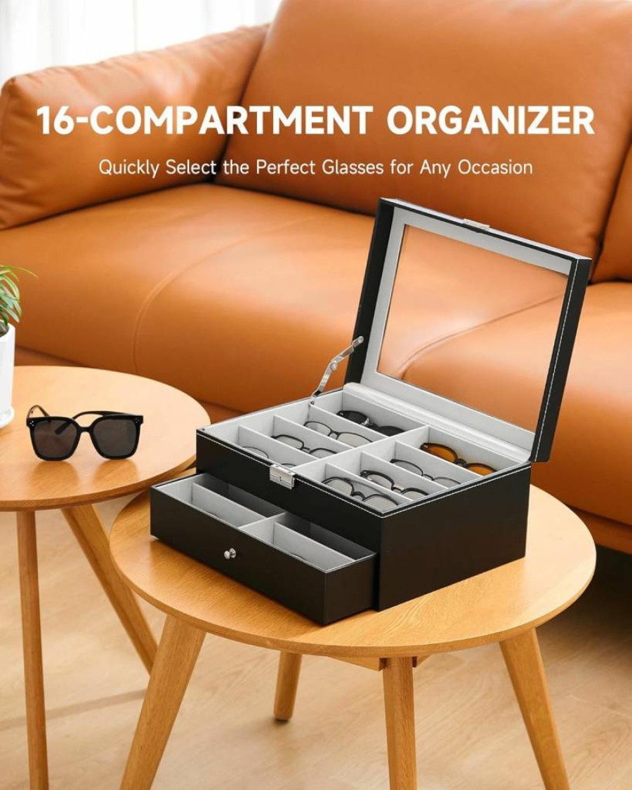 CO-Z Leather Eyeglasses Storage Box with Lockable Drawer - Sunglasses Organizer for Men & Women