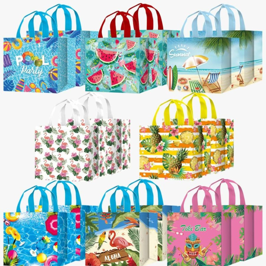 LECONCES 16Pcs Hawaiian Luau Party Favor Bags - Reusable Tropical Tiki Tote Bags with Handles for Summer Pool Party Supplies & Aloha Themed Events