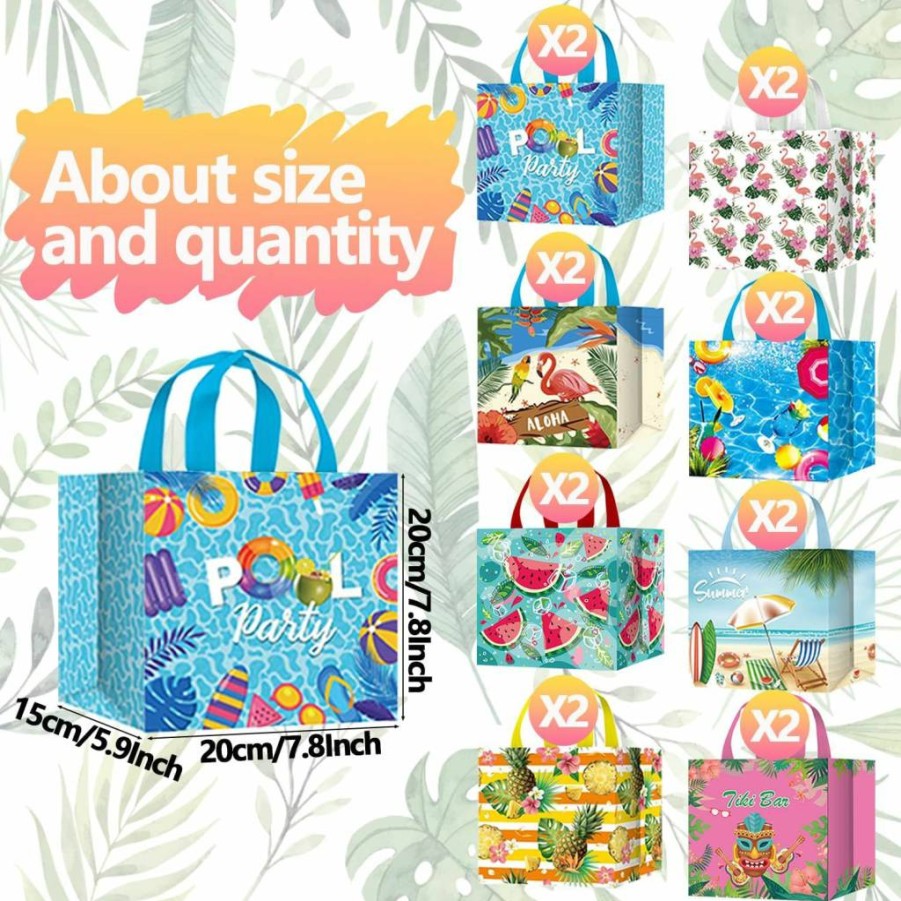 LECONCES 16Pcs Hawaiian Luau Party Favor Bags - Reusable Tropical Tiki Tote Bags with Handles for Summer Pool Party Supplies & Aloha Themed Events