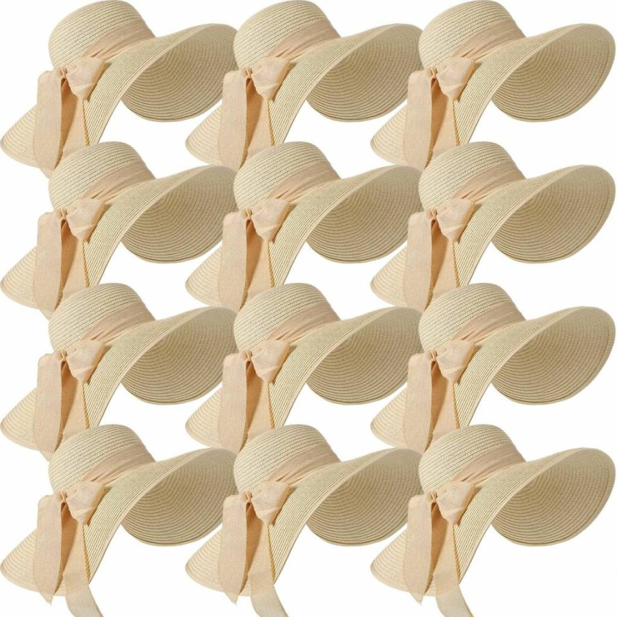 Tigeen 12 Pack Women's Wide Brim Floppy Sun Hat - UPF 50+ Foldable Straw Beach Hat for Summer, Multi-Color Pack