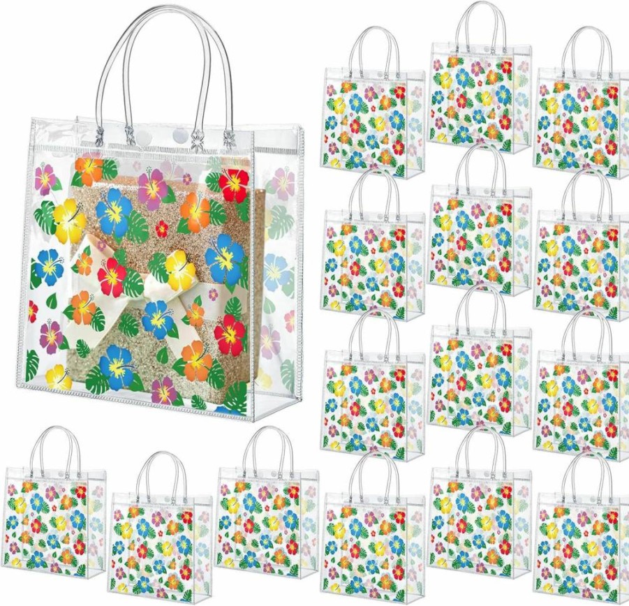 Engrowtic 24 Pack Hawaiian Hibiscus Clear PVC Gift Bags with Handles - 8x8x3.15 Inch Tropical Tiki Luau Party Favor Totes for Summer Aloha Theme Birthday Presents