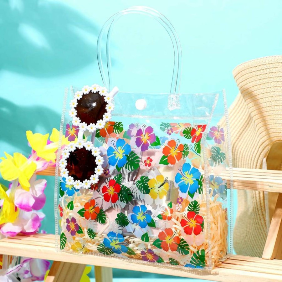 Engrowtic 24 Pack Hawaiian Hibiscus Clear PVC Gift Bags with Handles - 8x8x3.15 Inch Tropical Tiki Luau Party Favor Totes for Summer Aloha Theme Birthday Presents