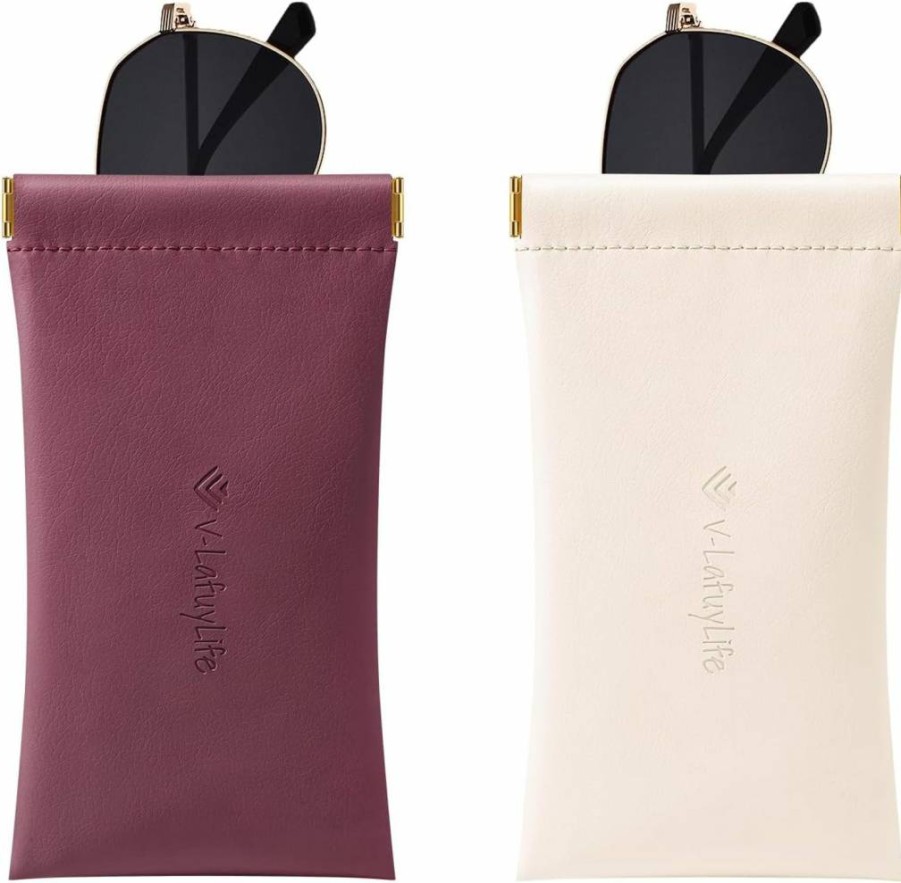 V-LAFUYLIFE 2 Pack Leather Eyeglass Case - Soft Portable Squeeze Top Sunglasses Holder for Men Women