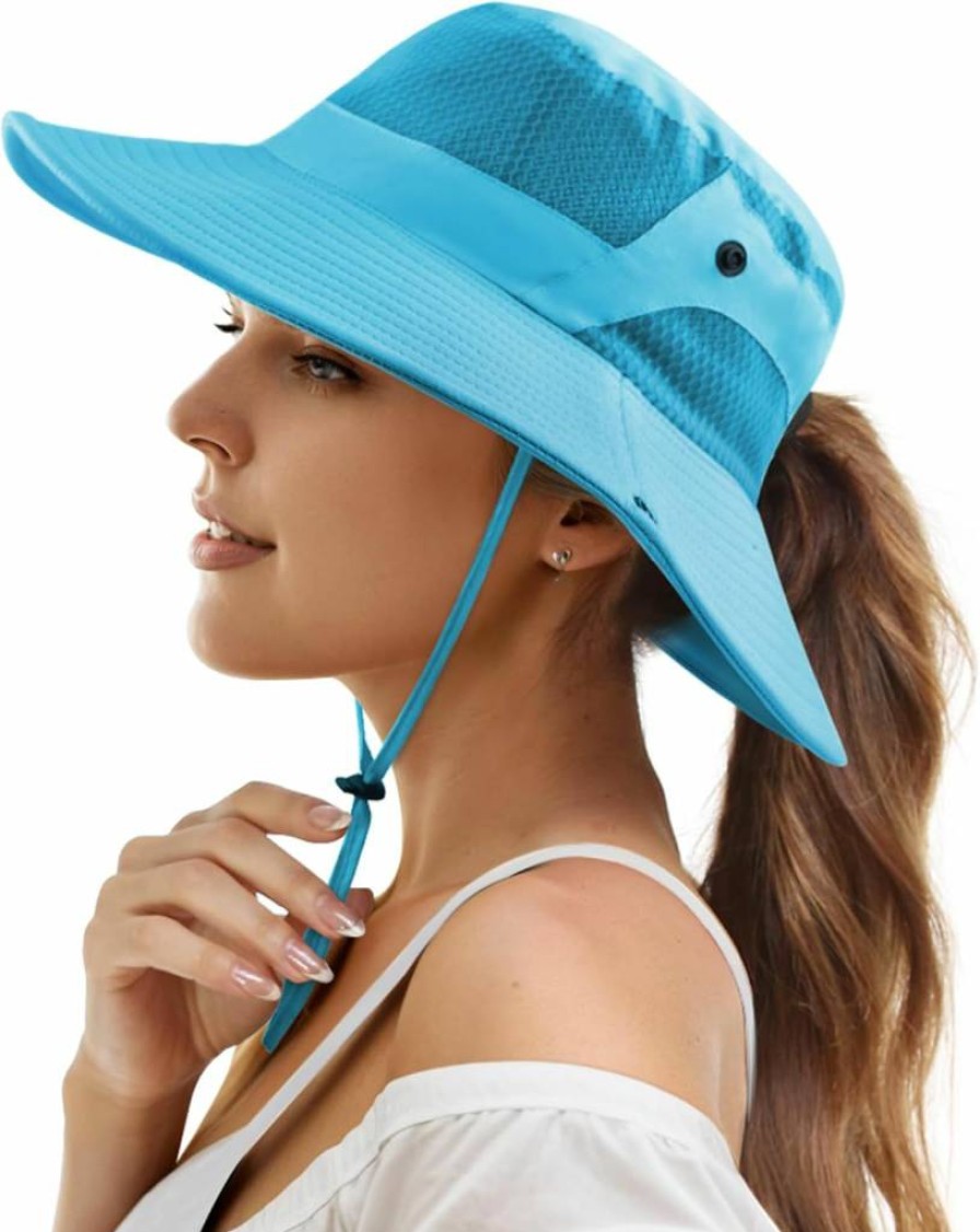 Mukeyo Women's UPF50 Sun Hat Wide Brim Foldable Ponytail Bucket Hat for Summer Beach Travel Fishing UV Protection Mesh Design