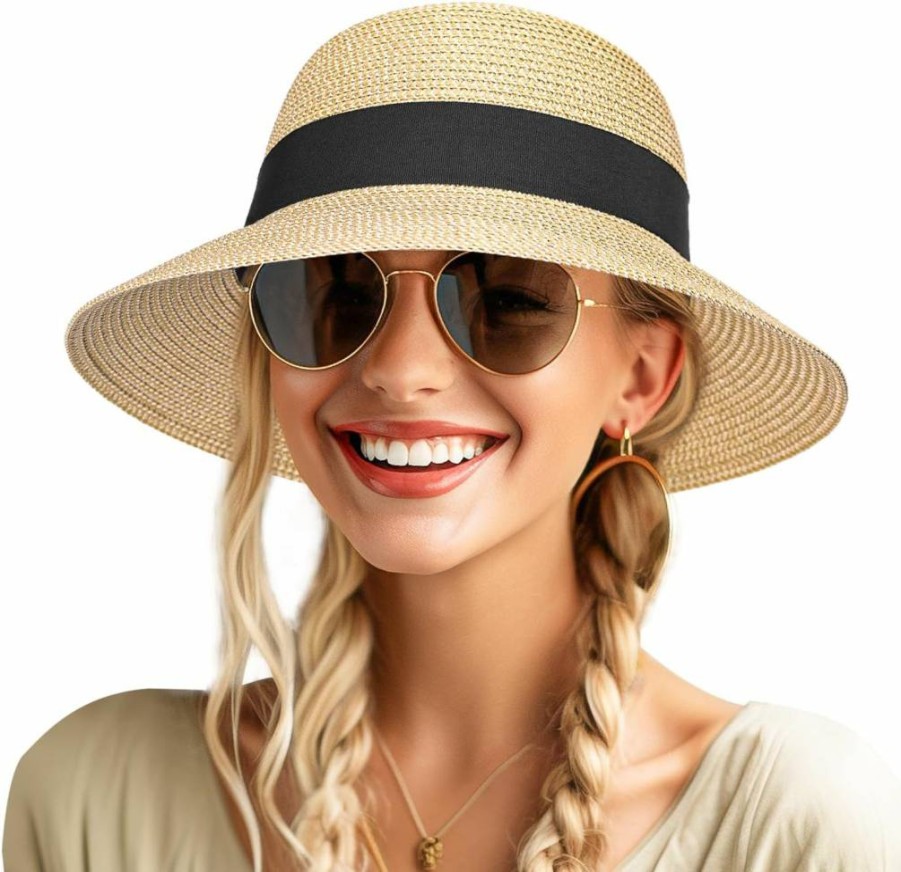 DECHISY Women's UPF 50+ Wide Brim Straw Sun Hat for UV Protection - Summer Floppy Beach Hat