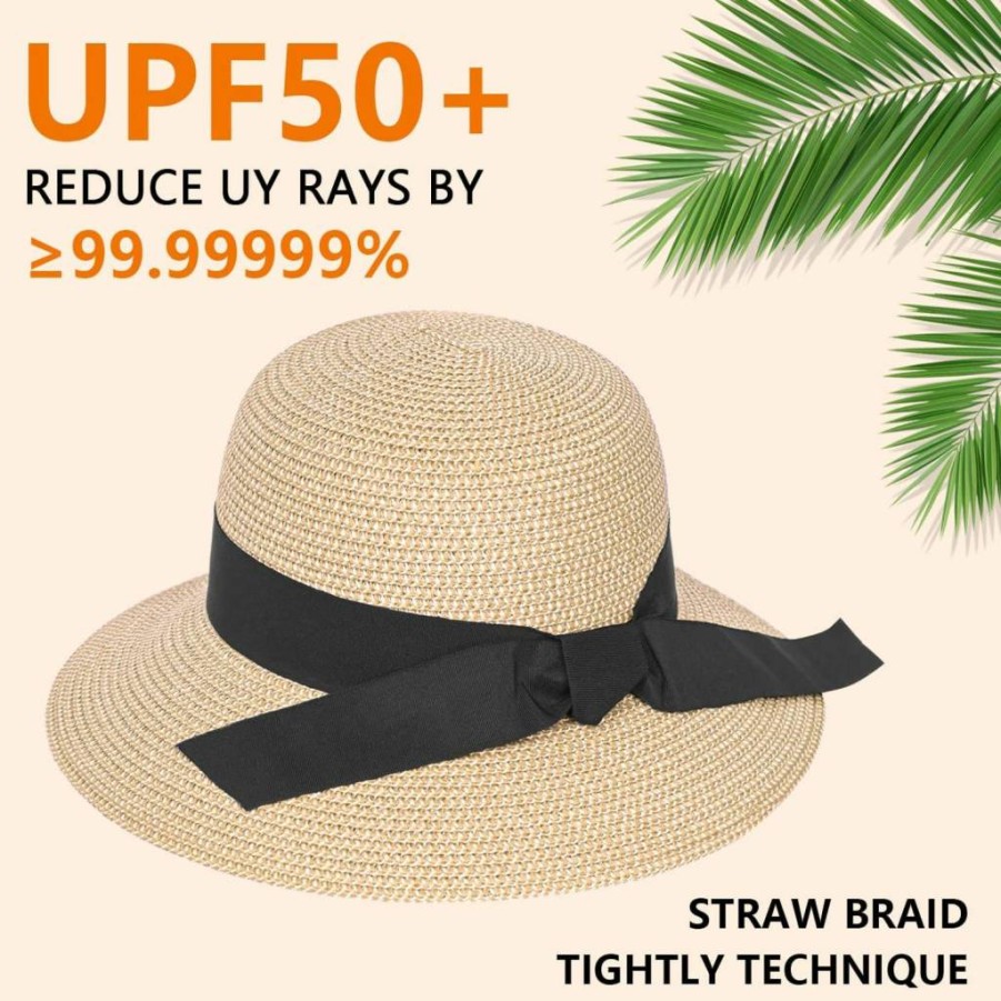 DECHISY Women's UPF 50+ Wide Brim Straw Sun Hat for UV Protection - Summer Floppy Beach Hat