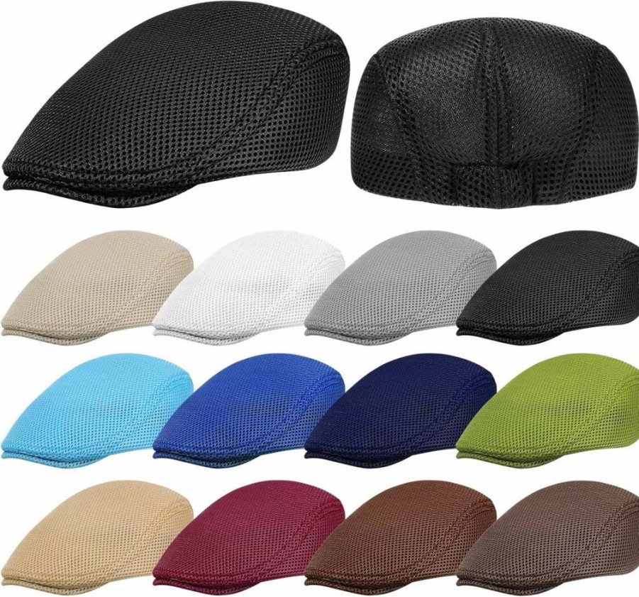Funtery 12-Pack Men's Breathable Mesh Newsboy Caps - Summer Flat Hats for Golf, Baseball & Driving