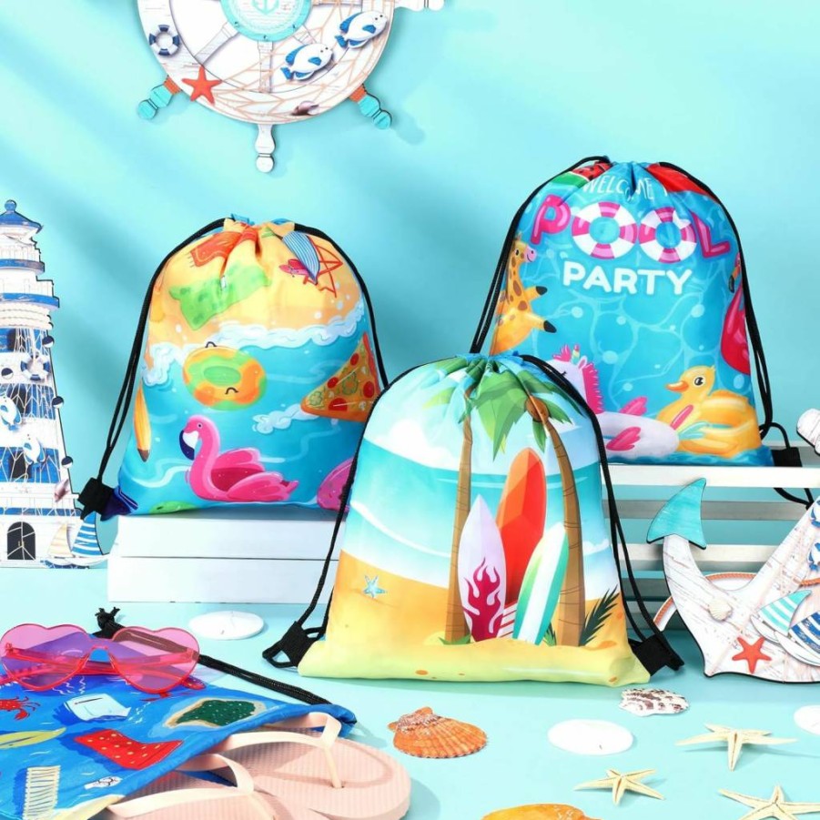 Talltalk 24-Pack Summer Beach Party Favor Bags for Kids - Tropical Drawstring Backpacks, Hawaiian Luau Goodie Bags, Candy Treat Pouches, Ocean-Themed Birthday & Wedding Decorations
