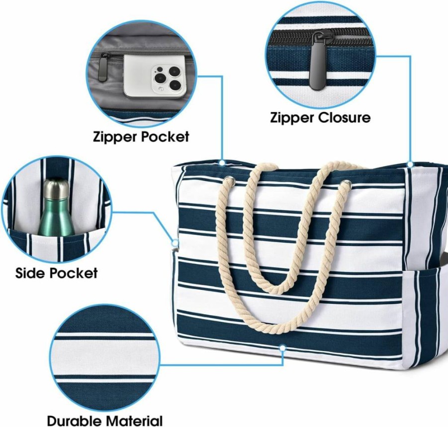 Becokan Waterproof Beach Tote Bag for Women - Large Sandproof Swim Pool Bag with Zipper, Durable Beach Tote for Travel & Shopping