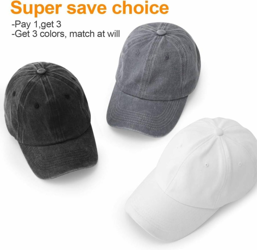 MEINICY 3 Pack Cotton Washed Baseball Caps - Adjustable Retro Dad Hats for Men & Women, Unstructured Casual Vintage Style