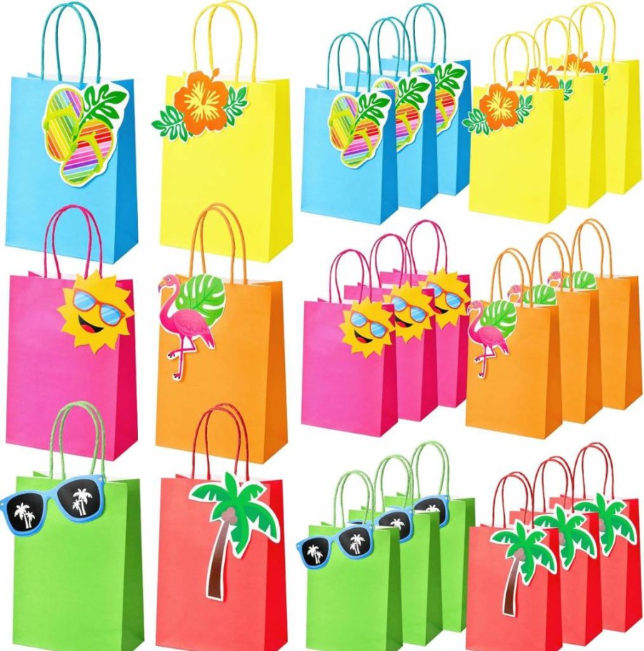 Winrayk 18Pcs Hawaiian Luau Party Tote Bags - 6 Tropical Designs with Handles, Stickers for Summer Birthday, Candy & Goody Bags - Hibiscus, Flamingo Treat Gift Supplies