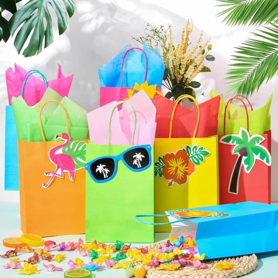 Winrayk 18Pcs Hawaiian Luau Party Tote Bags - 6 Tropical Designs with Handles, Stickers for Summer Birthday, Candy & Goody Bags - Hibiscus, Flamingo Treat Gift Supplies
