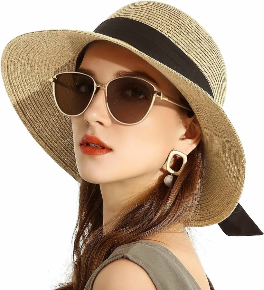 SOMALER Women's Wide Brim Straw Sun Hat UPF 50+ Foldable Beach Hat for Summer Travel