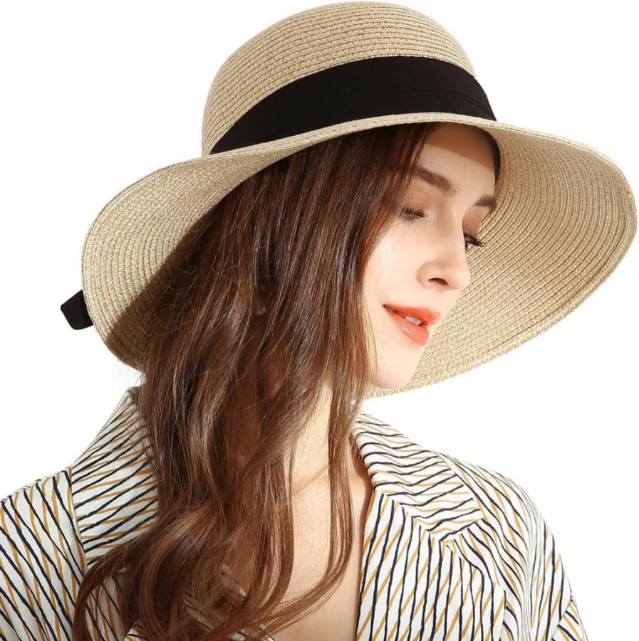 SOMALER Women's Wide Brim Straw Sun Hat UPF 50+ Foldable Beach Hat for Summer Travel