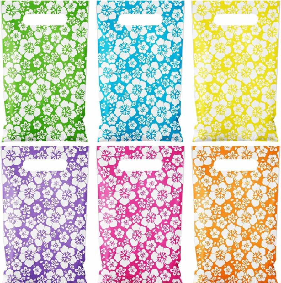 Kolldenn 120-Pack Hawaiian Hibiscus Gift Bags with Handles - Bulk Plastic Goodie Bags for Summer Parties, Candy Treats & Tropical Decorations