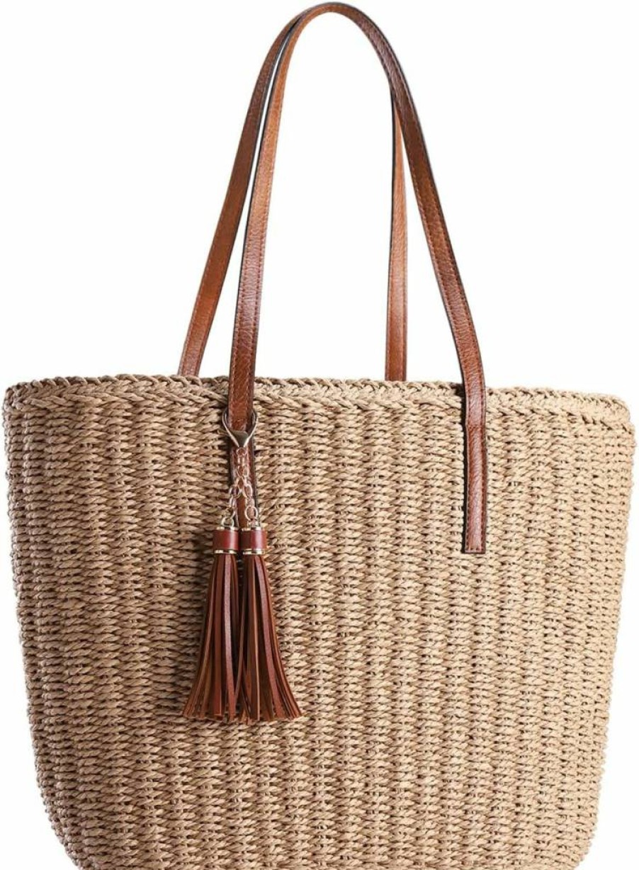 YXILEE Handmade Woven Straw Tote Bag for Women - Summer Beach Shoulder Bag, Medium Size Travel Handbag