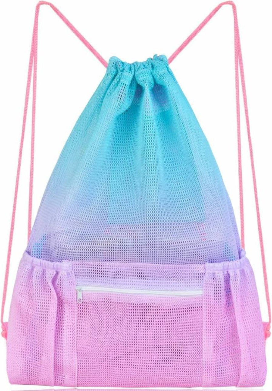 Nidoul Mesh Drawstring Backpack with Zipper Pocket - Lightweight Gym & Beach Bag for Swimming Gear, Sports Equipment Storage - Water-Resistant Travel Backpack for Men, Women, Kids (Pink & Blue)