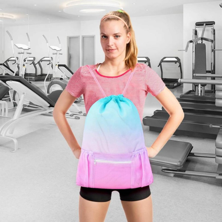 Nidoul Mesh Drawstring Backpack with Zipper Pocket - Lightweight Gym & Beach Bag for Swimming Gear, Sports Equipment Storage - Water-Resistant Travel Backpack for Men, Women, Kids (Pink & Blue)