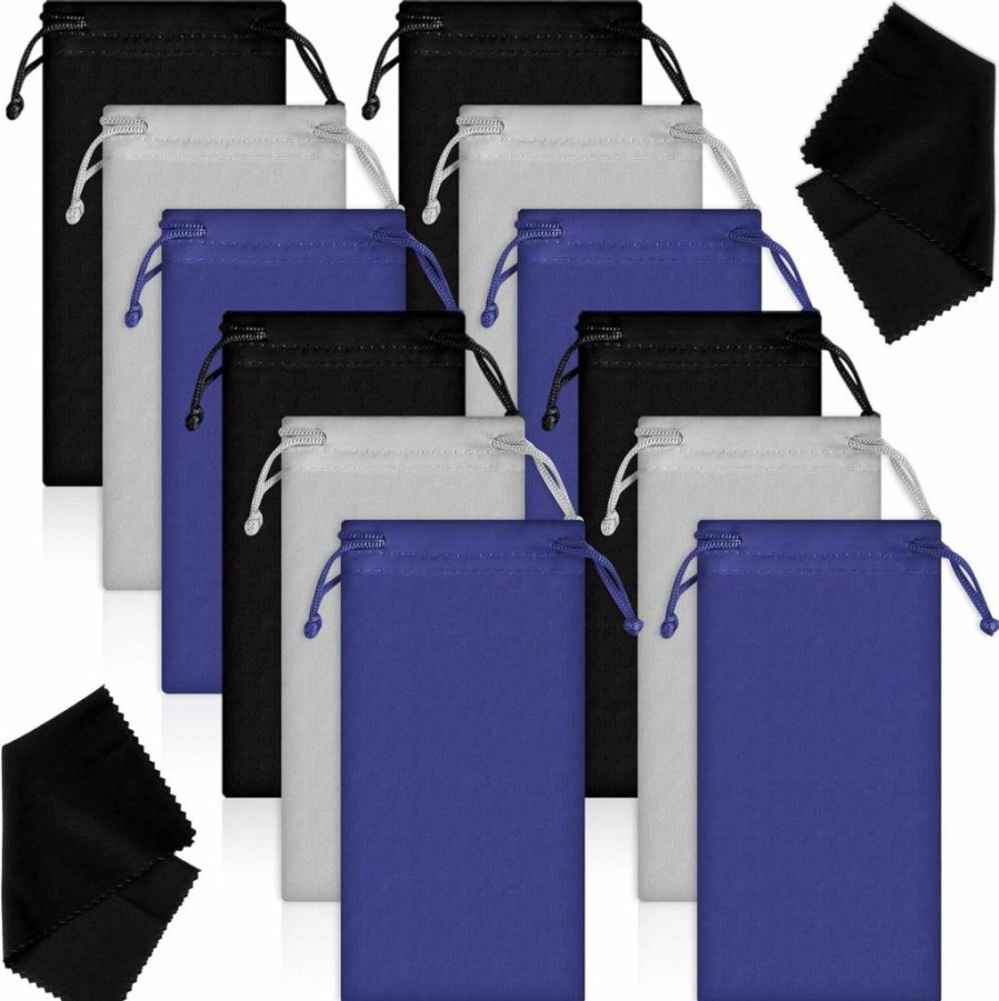 Frienda 12 Pack Microfiber Sunglasses Pouches with Drawstring Closure - Includes 2 Lens Cleaning Cloths (Black, Gray, Blue) Soft Protective Glasses Cases