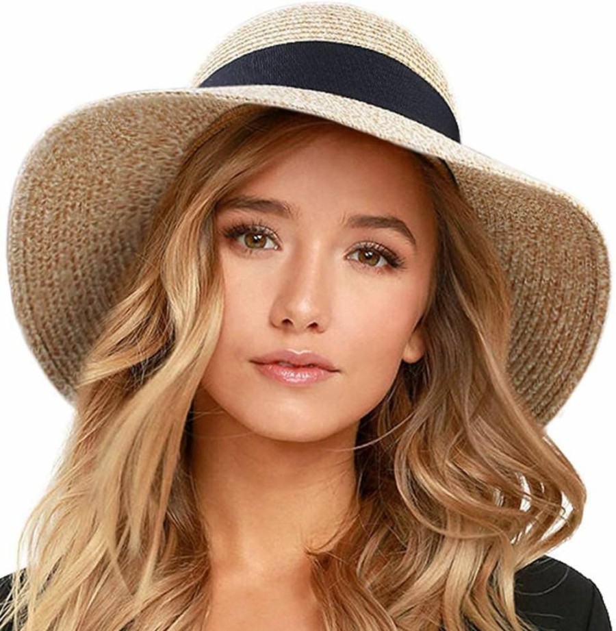 FURTALK Women's Wide Brim Straw Sun Hat UPF 80+ Foldable Beach Hat for Summer Travel UV Protection