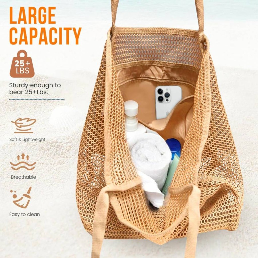 HOHOM Women's Beach Bag - Large Sandproof Mesh Tote with Inner Pocket, Summer Travel Woven Shoulder Handbag