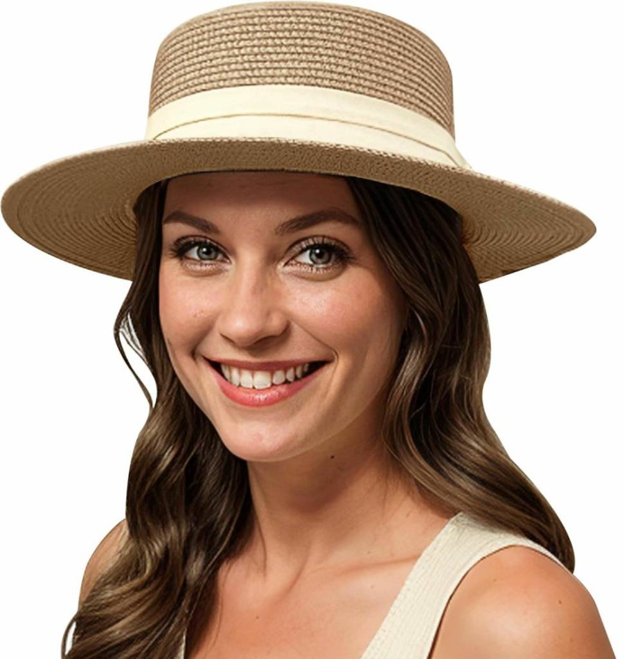 Lanzom Women's UPF 50+ Wide Brim Straw Sun Hat for Summer Beach Vacation Boater Panama Hat