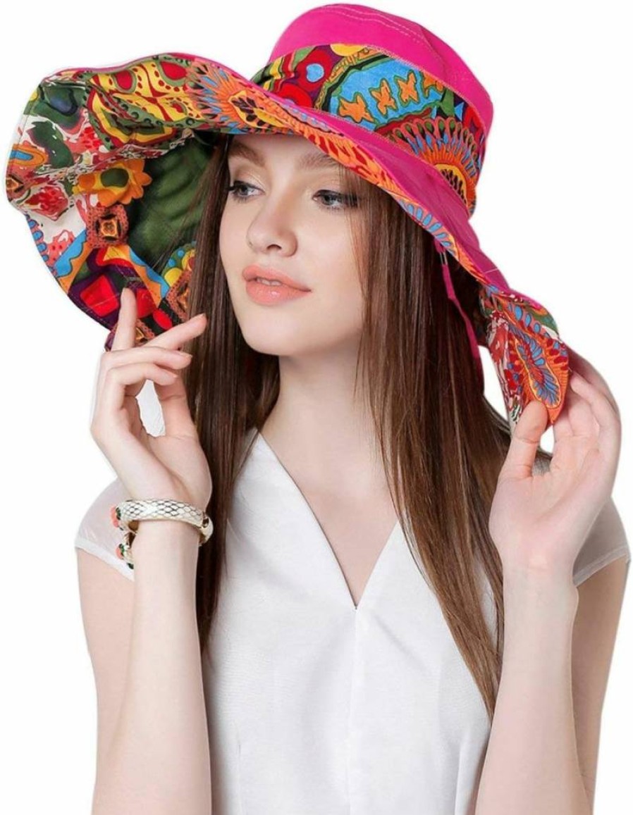 FakeFace Women's Reversible Wide Brim Sun Hat UPF 50+ Foldable Floppy Beach Visor for Travel