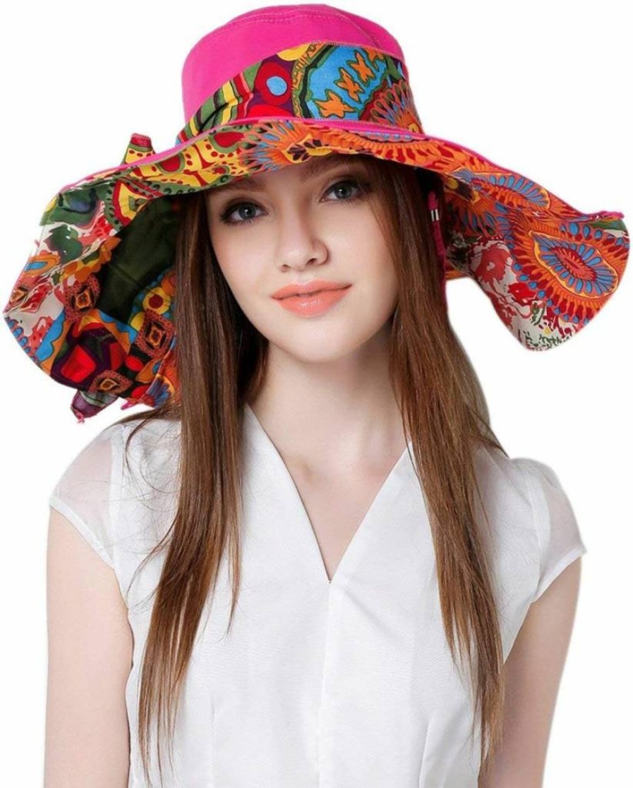 FakeFace Women's Reversible Wide Brim Sun Hat UPF 50+ Foldable Floppy Beach Visor for Travel