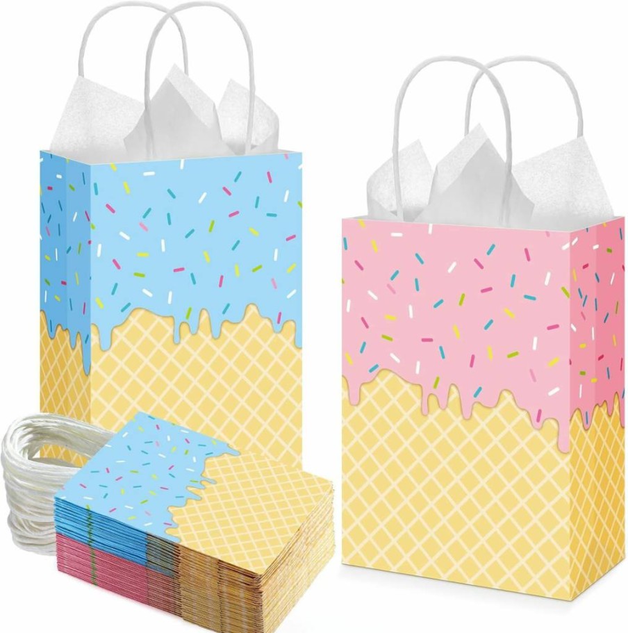 ReliThick 30-Pack Ice Cream Themed Gift Bags with Handles - Summer Party Favors, Birthday Decor, Baby Shower Supplies - Kraft Paper Goodie Bags for Candy & Treats
