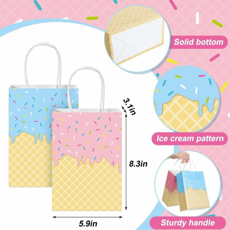 ReliThick 30-Pack Ice Cream Themed Gift Bags with Handles - Summer Party Favors, Birthday Decor, Baby Shower Supplies - Kraft Paper Goodie Bags for Candy & Treats